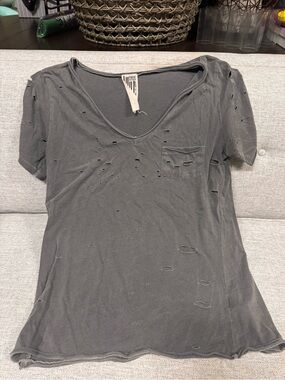 Free People Gray Distressed V-Neck Pocket Tee
